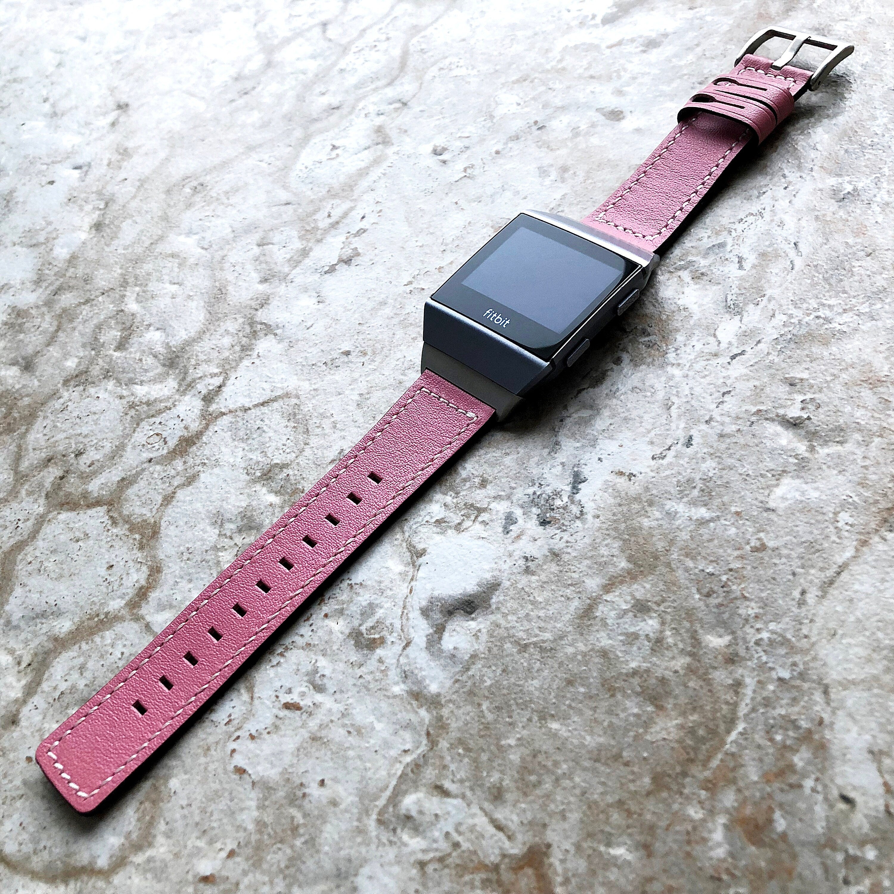 Fitbit Ionic Pink Color Soft Leather Band Strap with White Stitches for Watch Band Strap Quick Release Adapters in Silver Rose Gold Black